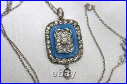 Antique EDWARDIAN 900 silver Blue Guilloche Enamel Paste Pendant Necklace