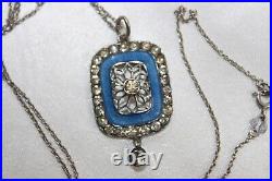 Antique EDWARDIAN 900 silver Blue Guilloche Enamel Paste Pendant Necklace