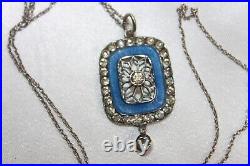 Antique EDWARDIAN 900 silver Blue Guilloche Enamel Paste Pendant Necklace