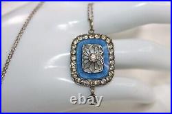 Antique EDWARDIAN 900 silver Blue Guilloche Enamel Paste Pendant Necklace