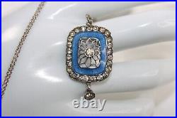 Antique EDWARDIAN 900 silver Blue Guilloche Enamel Paste Pendant Necklace