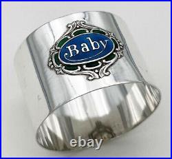 Antique English Sterling Silver and Enamel Napkin Ring Baby dated 1906