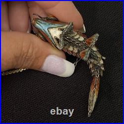 Antique Estate Sterling Silver Enamel Articulated Koi Goldfish & 12k Gf Necklace
