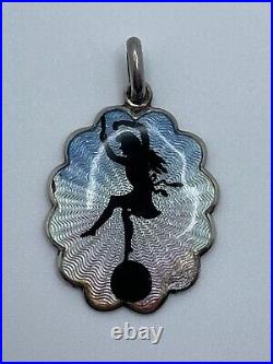 Antique Germany Sterling Silver Guilloche Enamel Girl on Ball Silhouette Pendant
