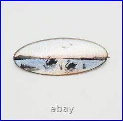 Antique Scandinavian cloisonne enamel sterling silver swans in sunset pin signed