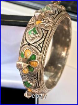 Antique Silver Bracelet Sterling 925? Namels Asian Niello Women Jewelry 76.4 gr