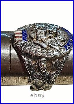 Antique Sterling Silver Enamel World War II Military Men's Ring Size 9.25