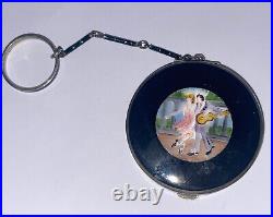 Antique United Kingdom Enamel Couple Sterling Silver Compact Puff &Chatelaine