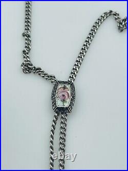Antique Victorian Sterling Silver Enamel Guilloche Locket Drop Slide Necklace