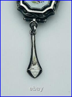 Antique Victorian Sterling Silver Enamel Guilloche Locket Drop Slide Necklace