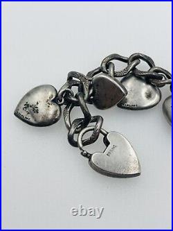 Antique Victorian Sterling Silver Enamel Puffy Heart Charm Padlock Bracelet