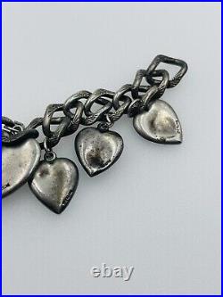 Antique Victorian Sterling Silver Enamel Puffy Heart Charm Padlock Bracelet