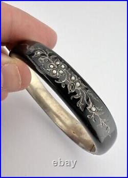 Antique Victorian Sterling Silver Seed Pearl & Enamel Mourning Bangle Bracelet
