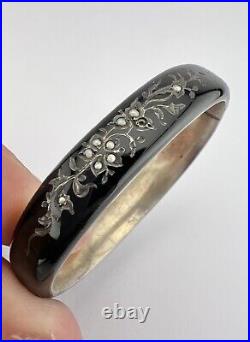 Antique Victorian Sterling Silver Seed Pearl & Enamel Mourning Bangle Bracelet