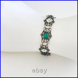 Antique Vintage Sterling Silver Enamel Flowers Emerald Green Glass Bracelet 6.5