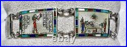 Art Deco EGYPTIAN Revival Enamel Guilloche 935 Sterling Silver Panel Bracelet