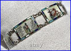 Art Deco EGYPTIAN Revival Enamel Guilloche 935 Sterling Silver Panel Bracelet