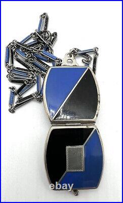 Art Deco Sterling Silver Enamel Locket & Chain Necklace Unused Vintage Jewelry