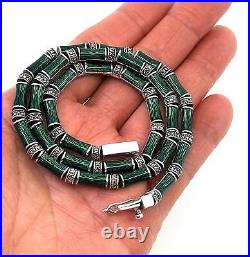 Bamboo Style Choker Necklace Sterling Silver Set With Green Enamel & Marcasite