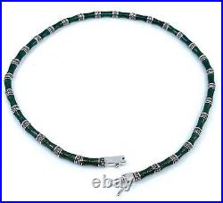 Bamboo Style Choker Necklace Sterling Silver Set With Green Enamel & Marcasite