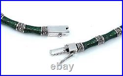 Bamboo Style Choker Necklace Sterling Silver Set With Green Enamel & Marcasite