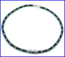 Bamboo Style Choker Necklace Sterling Silver Set With Green Enamel & Marcasite