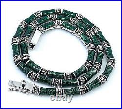 Bamboo Style Choker Necklace Sterling Silver Set With Green Enamel & Marcasite