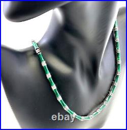 Bamboo Style Choker Necklace Sterling Silver Set With Green Enamel & Marcasite