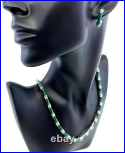 Bamboo Style Choker Necklace Sterling Silver Set With Green Enamel & Marcasite