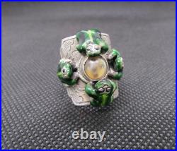 CHINESE STERLING SILVER ENAMEL Frogs around Compass RING Adjustable Size. 3oz