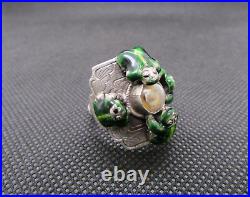 CHINESE STERLING SILVER ENAMEL Frogs around Compass RING Adjustable Size. 3oz