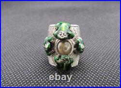 CHINESE STERLING SILVER ENAMEL Frogs around Compass RING Adjustable Size. 3oz