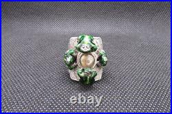 CHINESE STERLING SILVER ENAMEL Frogs around Compass RING Adjustable Size. 3oz