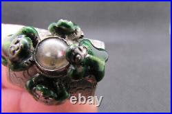 CHINESE STERLING SILVER ENAMEL Frogs around Compass RING Adjustable Size. 3oz