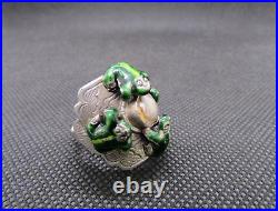 CHINESE STERLING SILVER ENAMEL Frogs around Compass RING Adjustable Size. 3oz