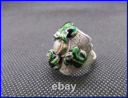 CHINESE STERLING SILVER ENAMEL Frogs around Compass RING Adjustable Size. 3oz