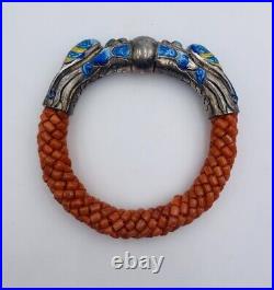 Chinese Antique Sterling Silver Enamel Double Dragon Coral Beaded Bracelet