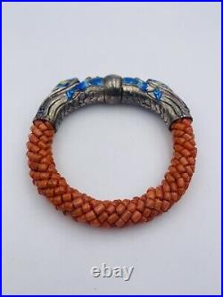 Chinese Antique Sterling Silver Enamel Double Dragon Coral Beaded Bracelet