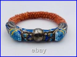 Chinese Antique Sterling Silver Enamel Double Dragon Coral Beaded Bracelet