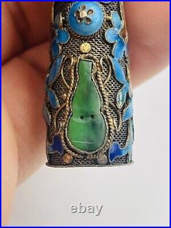 Chinese Antique Sterling Silver Green Jade Enamel Fingernail Pin