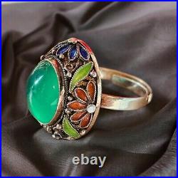 Chinese Filigree Enamel Sterling Silver Teal Blue Chrysoprase Ring