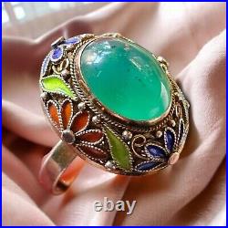 Chinese Filigree Enamel Sterling Silver Teal Blue Chrysoprase Ring