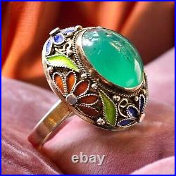 Chinese Filigree Enamel Sterling Silver Teal Blue Chrysoprase Ring