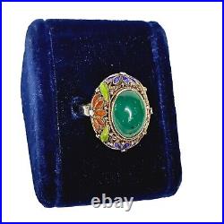 Chinese Filigree Enamel Sterling Silver Teal Blue Chrysoprase Ring