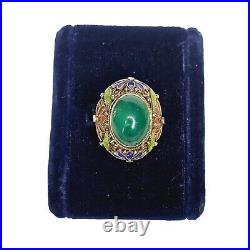 Chinese Filigree Enamel Sterling Silver Teal Blue Chrysoprase Ring