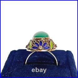 Chinese Filigree Enamel Sterling Silver Teal Blue Chrysoprase Ring