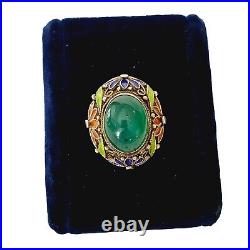 Chinese Filigree Enamel Sterling Silver Teal Blue Chrysoprase Ring