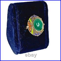 Chinese Filigree Enamel Sterling Silver Teal Blue Chrysoprase Ring