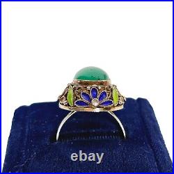 Chinese Filigree Enamel Sterling Silver Teal Blue Chrysoprase Ring