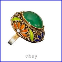 Chinese Filigree Enamel Sterling Silver Teal Blue Chrysoprase Ring